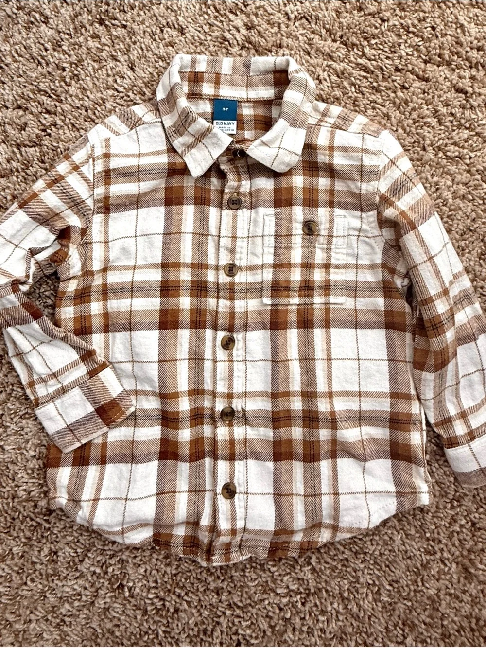 Old Navy Boys 3T Brown Cream Plaid Flannel Button Down Shirt